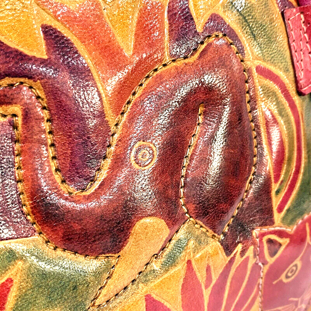 Vintage Hand Painted & Tooled Leather Two Handle Tote Bag Purse Elephant Animals - Picture 9 of 10